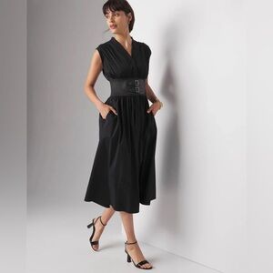 White House Black Market Belted Black Midi Dress